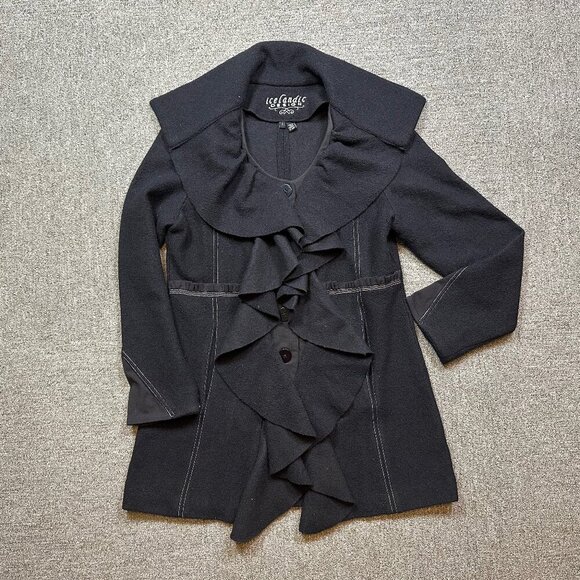 Icelandic Designs Mid Length Ruffle 100% Wool Black Coat in Womens Large - Picture 1 of 6